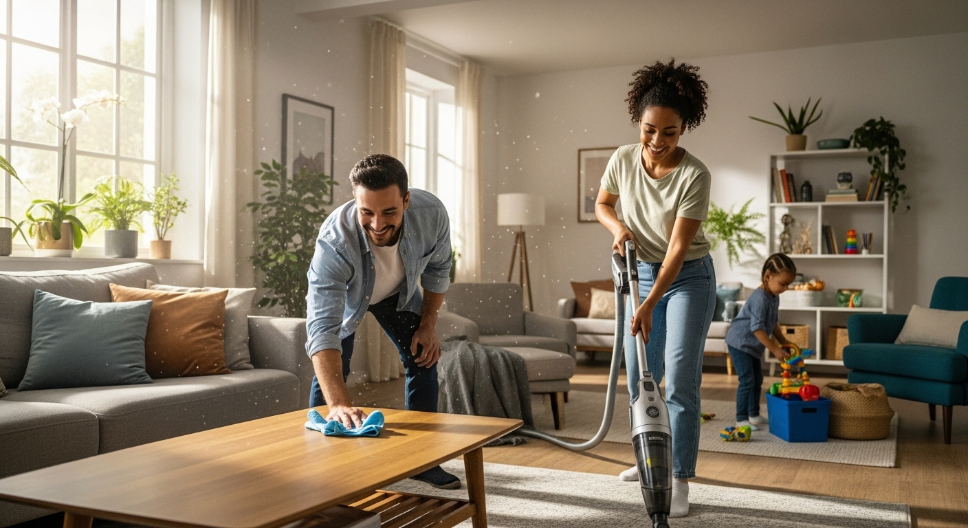 bố hút bụi, mẹ lau bàn, con dọn đồ chơi – minh họa những mẹo dọn nhà hiệu quả.