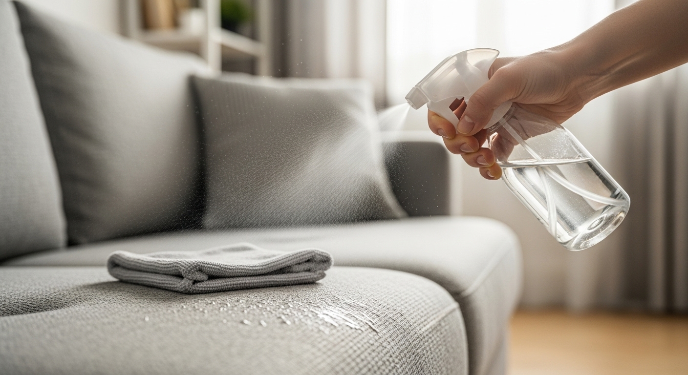 Tay đang xịt dung dịch lên đệm sofa vải sáng màu, khăn microfiber sẵn sàng, áp dụng mẹo làm sạch đồ dùng trong nhà để giữ phòng khách luôn tinh tươm.