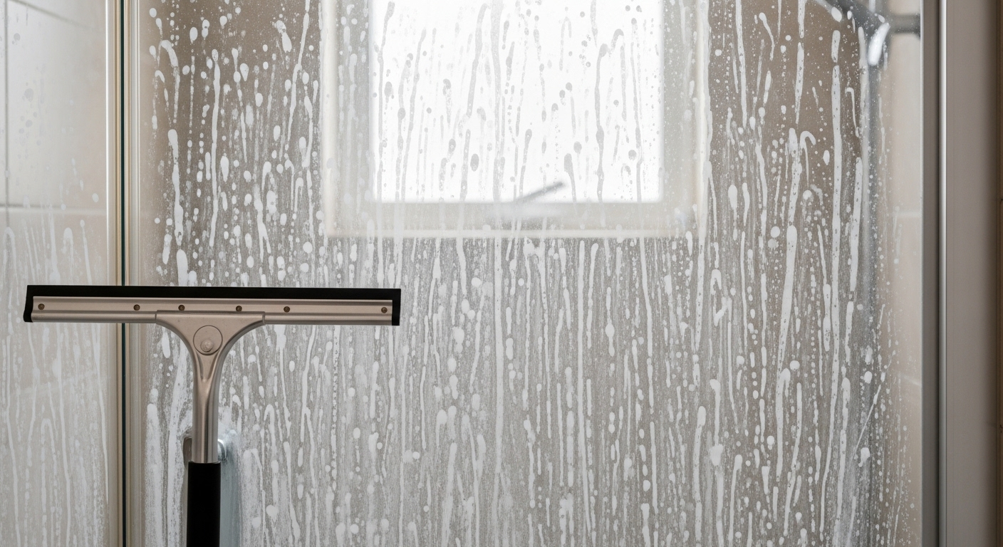 Vách kính phòng tắm bị ố trắng bởi cặn nước cứng. Cây gạt nước đặt trên mép, gợi ý các cách làm sạch phòng tắm hiệu quả.