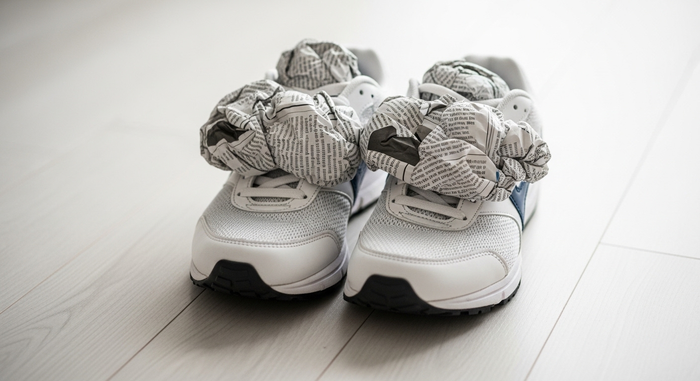 Làm khô giày thể thao ẩm nhanh chóng bằng cách nhét giấy báo vò.