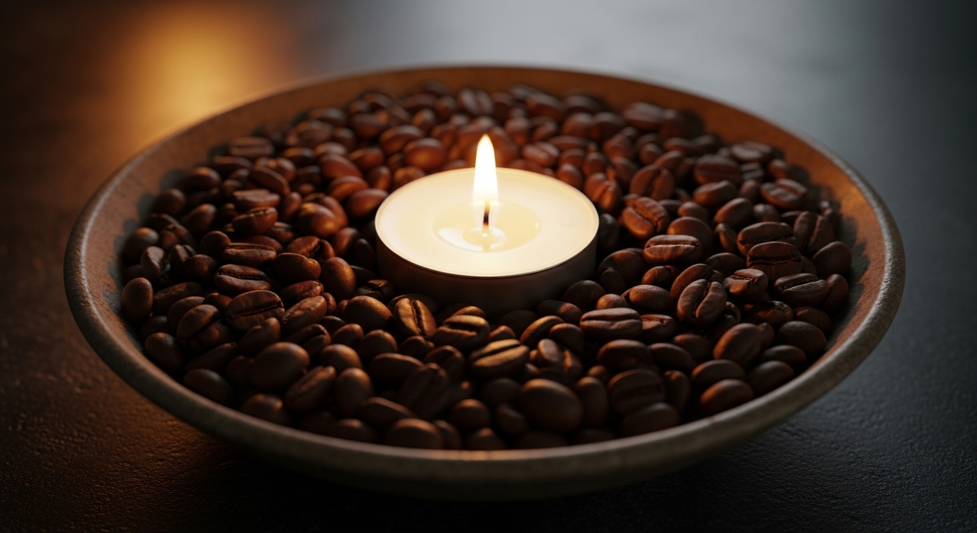 Bát gốm mộc mạc đựng hạt cà phê rang với nến tealight rực cháy. Mẹo vặt trang trí tạo không gian ấm cúng, thư giãn.