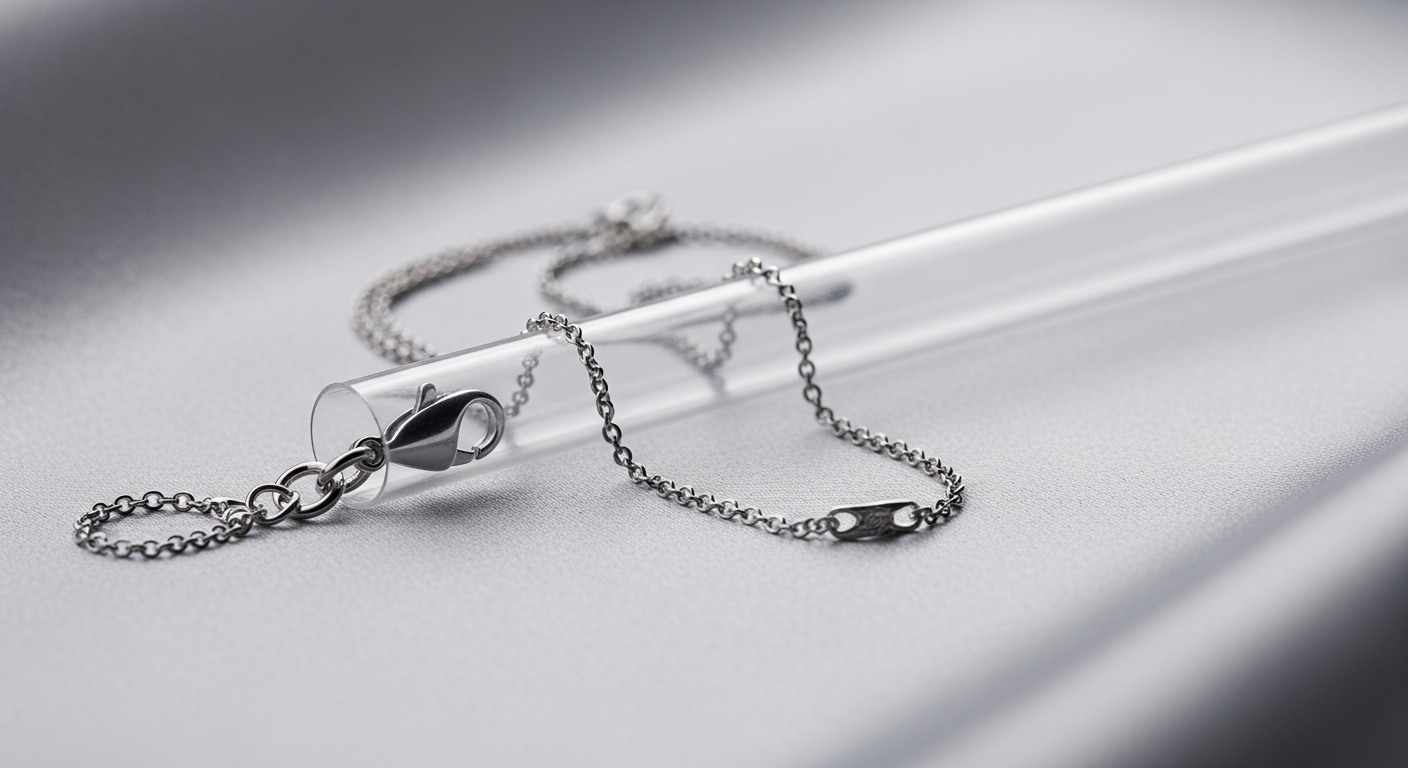 Dây chuyền bạc tinh xảo được xỏ gọn gàng qua ống hút nhựa trong suốt trên nền vải mềm, minh họa một mẹo vặt cuộc sống thông minh giúp chống rối hiệu quả.