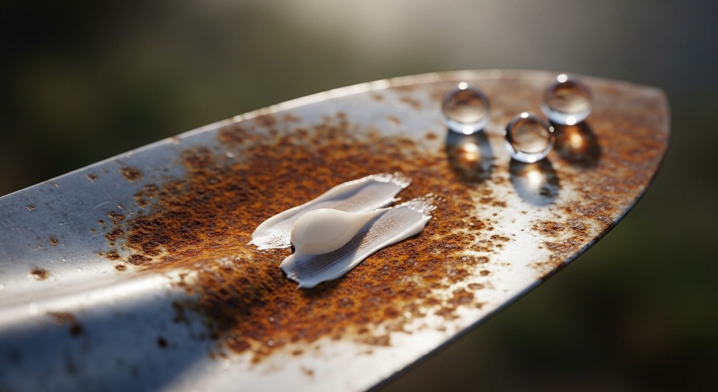 Cận cảnh dụng cụ làm vườn gỉ sét đang được tẩy bằng kem đánh răng và giấm, minh họa một mẹo vặt hữu ích. Khám phá thêm các bí quyết hiệu quả khác, ví dụ như bảo quản thịt lợn không cần tủ lạnh.