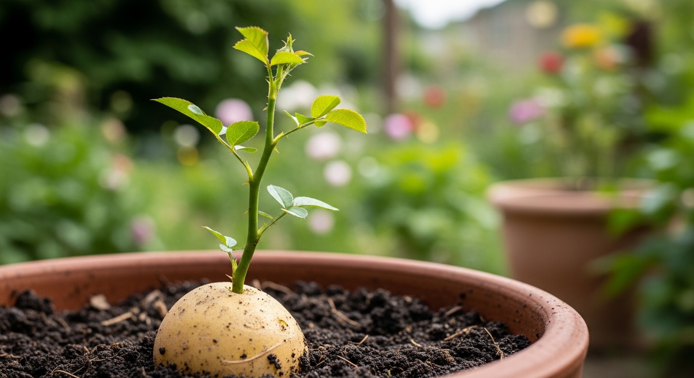 Cận cảnh cành hoa hồng xanh non giâm trong củ khoai tây, đặt trong chậu đất nung với đất ẩm. Một mẹo vặt cuộc sống giúp nhân giống cây hiệu quả.