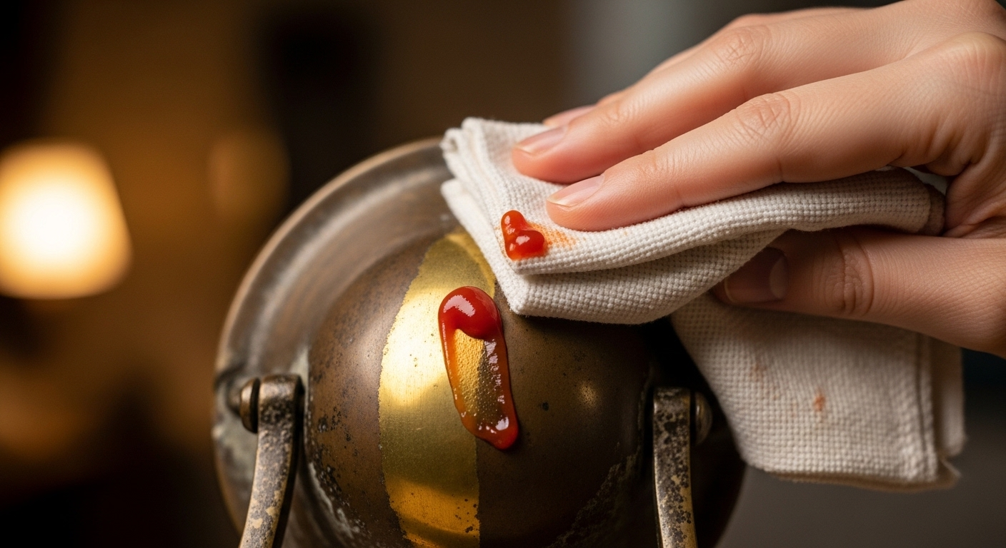 Tay đang dùng tương cà và khăn để làm sáng bóng đồ đồng bị xỉn màu, cho thấy phần đã sạch sáng rõ rệt.