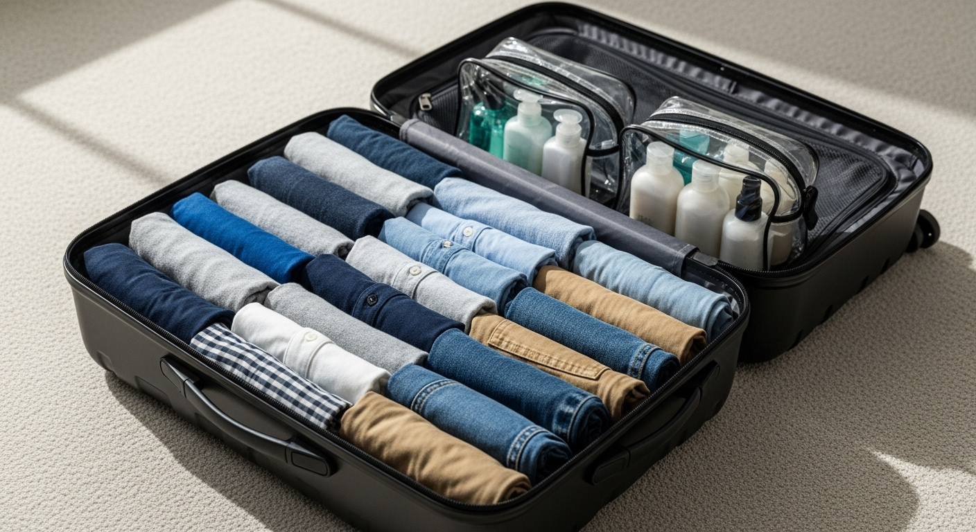 Vali cứng tối màu mở, bên trong là quần áo cuộn gọn gàng và túi đồ vệ sinh cá nhân. Hình ảnh minh họa mẹo vặt cuộc sống giúp sắp xếp hành lý tối ưu không gian, đặt trên sàn thảm sáng.