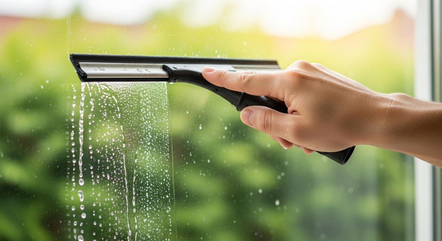 Cận cảnh tay chuyên gia dùng cây gạt lau sạch cửa kính lớn, để lại bề mặt trong suốt hoàn hảo. Hình ảnh minh họa việc làm sạch không gian sống hiệu quả, mang lại tầm nhìn rõ ràng ra cây xanh dưới ánh nắng.