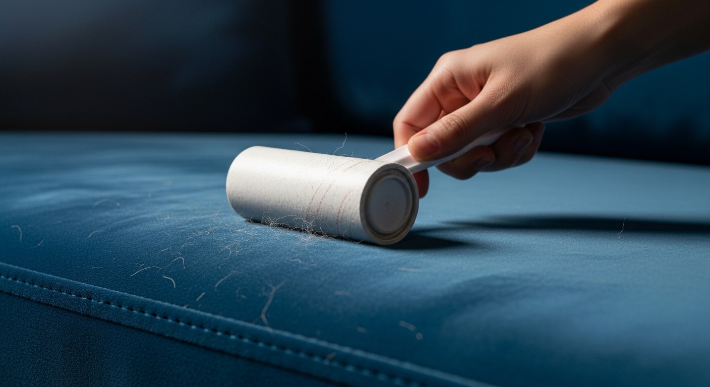 Bàn tay dùng cây lăn bụi trắng làm sạch hiệu quả ghế sofa nhung xanh đậm, thể hiện mẹo vặt cuộc sống hữu ích để loại bỏ bụi và sợi vải.