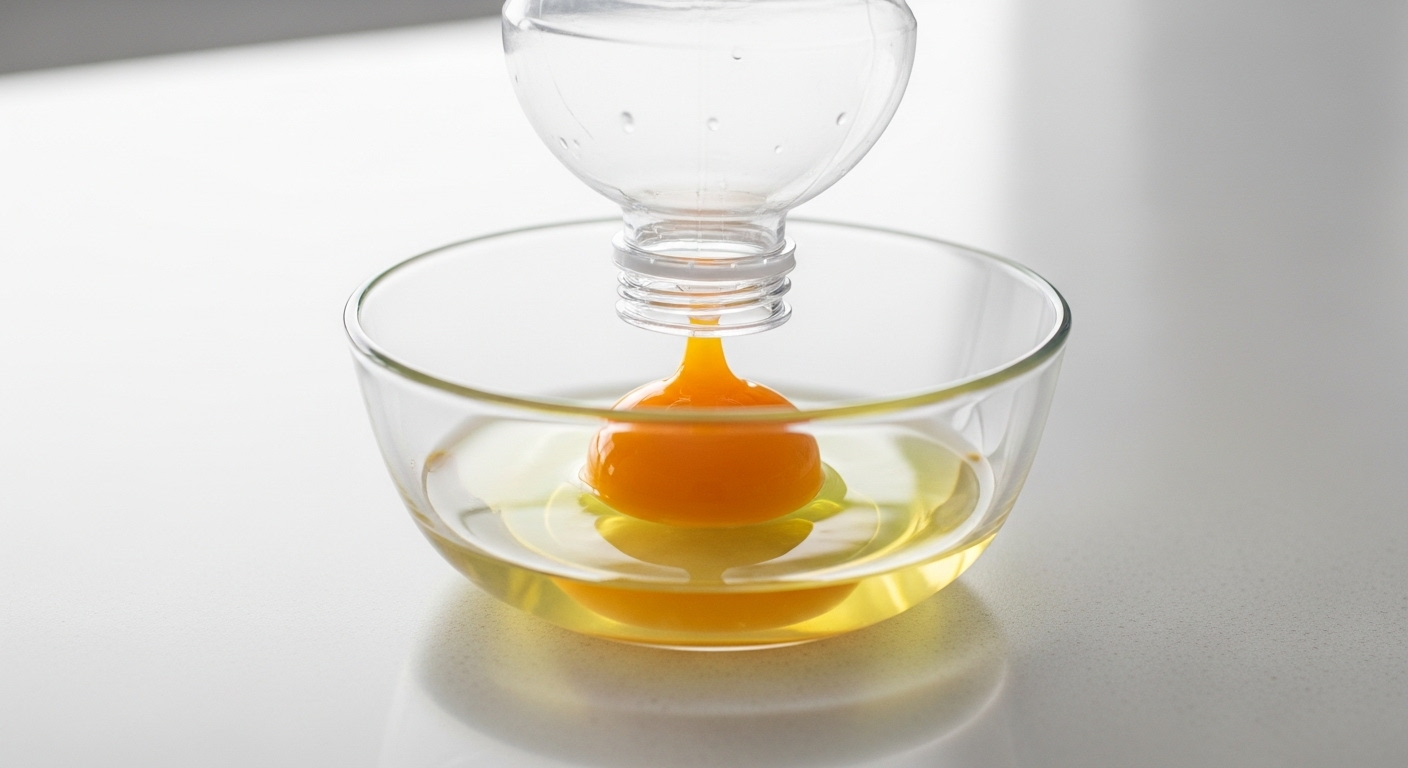 Tách lòng đỏ trứng bằng cách hút vào chai nhựa trong tô thủy tinh.