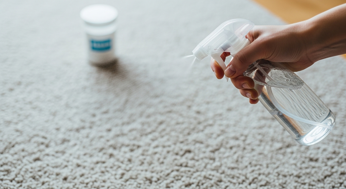 Một bàn tay đang xịt dung dịch làm sạch lên thảm màu sáng, minh họa mẹo vặt cuộc sống dùng baking soda để vệ sinh thảm hiệu quả.