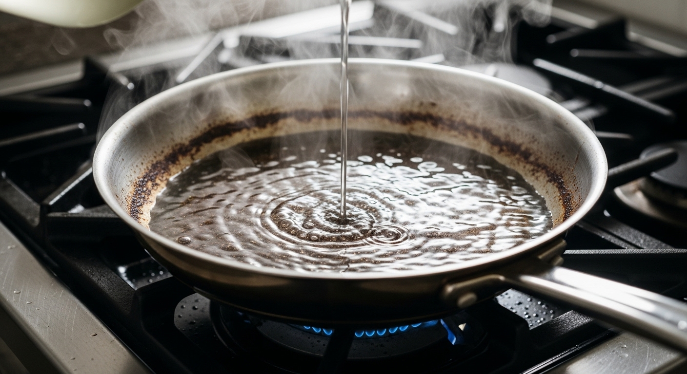 Chảo chiên inox bị cháy đen trên bếp đang được làm sạch bằng cách đổ giấm trắng vào nước nóng.