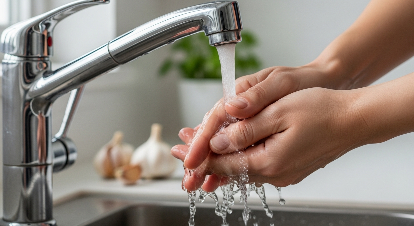 Bàn tay sạch rửa vòi nước inox sáng bóng dưới dòng nước chảy. Gợi ý mẹo vặt cuộc sống cho căn bếp gọn gàng, với vài tép tỏi mờ phía sau.