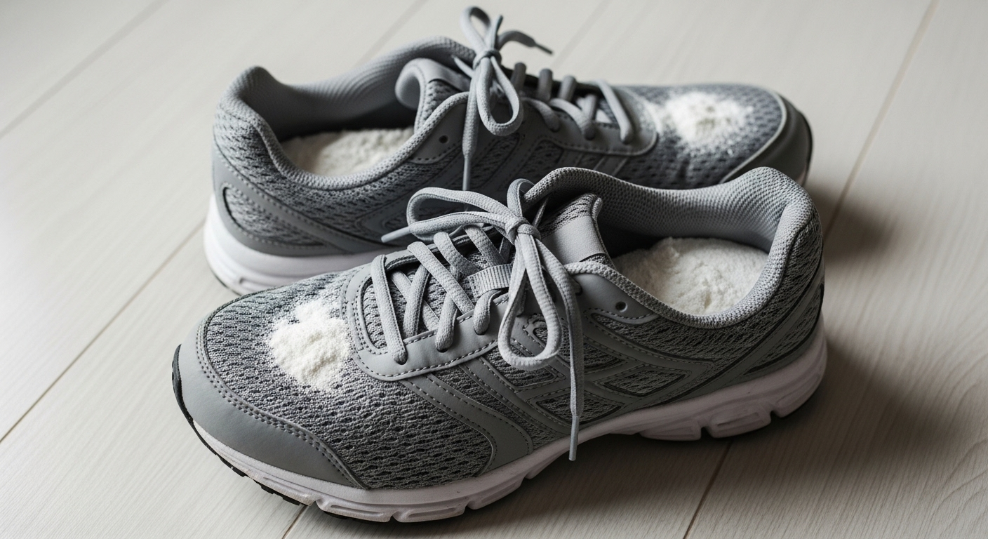 Đôi giày thể thao màu xám với bột baking soda bên trong, mẹo vặt cuộc sống giúp khử mùi giày hiệu quả.