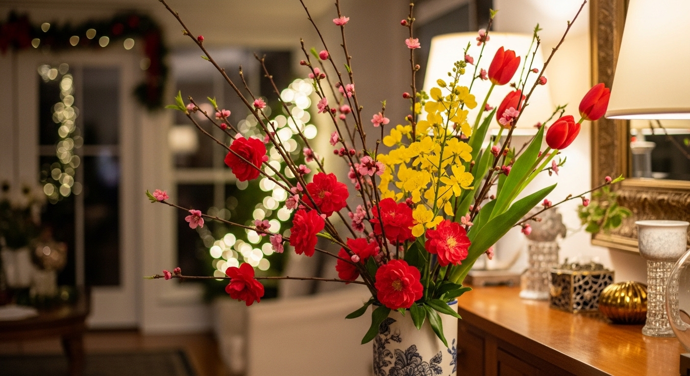 Bình hoa Tết sang trọng với cành đào hồng, mai vàng và tulip đỏ trên bàn gỗ. Đây là một mẹo vặt gia đình hiệu quả để trang hoàng nhà cửa thêm ấm cúng và rực rỡ, đón không khí lễ hội.