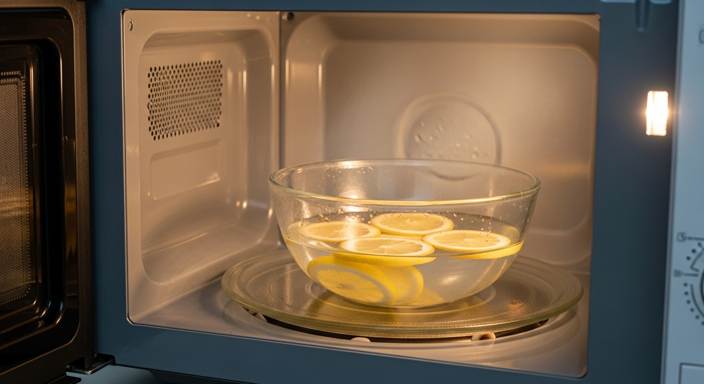 Lò vi sóng mở với bát nước chanh tươi đang bốc hơi, minh họa mẹo vặt cuộc sống giúp làm sạch lò hiệu quả.