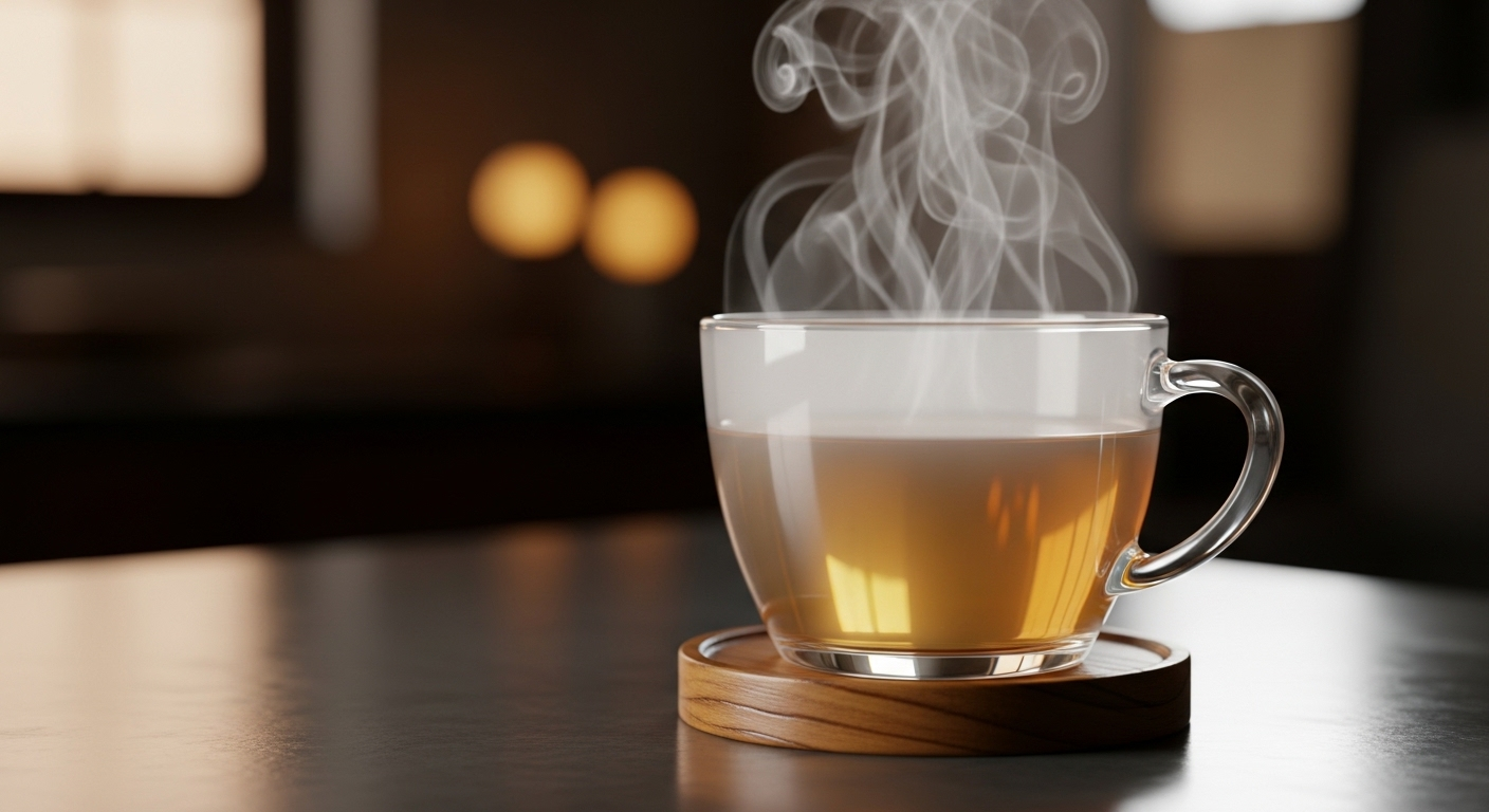 Cốc đựng nước sôi bằng thủy tinh trong suốt chứa trà nóng vàng óng, hơi nước bốc lên nhẹ nhàng trên đế gỗ bóng loáng.