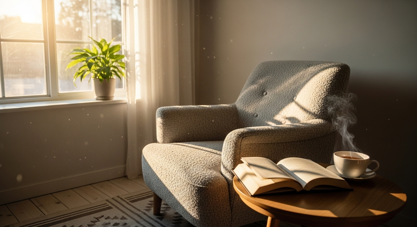 Một căn phòng ngập nắng yên bình với ghế bành thoải mái, sách mở và trà thảo mộc, tạo không gian lý tưởng để thư giãn và chăm sóc sức khỏe tổng thể, giúp bạn tìm hiểu thông tin hữu ích như đi vệ sinh trong bao lâu là hợp lý.