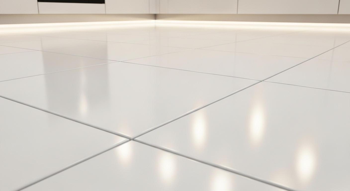 Sàn gạch bếp trắng tinh khôi, sạch bóng với đường ron sáng đều, phản chiếu ánh sáng – kết quả hoàn hảo từ vệ sinh nhà bếp.