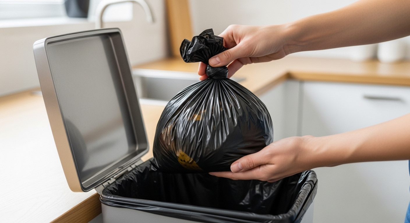 Đôi tay đặt túi rác thực phẩm vào thùng rác bếp sạch sẽ, minh họa cách quản lý rác thải hiệu quả. Tìm hiểu thêm các mẹo vặt nhà cửa, bao gồm cả mẹo bỏ đồng xu vào tủ lạnh.