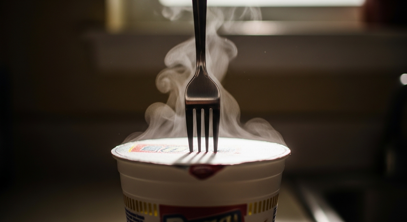 Mẹo vặt dùng nĩa giữ chặt nắp cốc mì ăn liền đang ủ nước nóng, hơi nước bốc lên nhẹ nhàng.