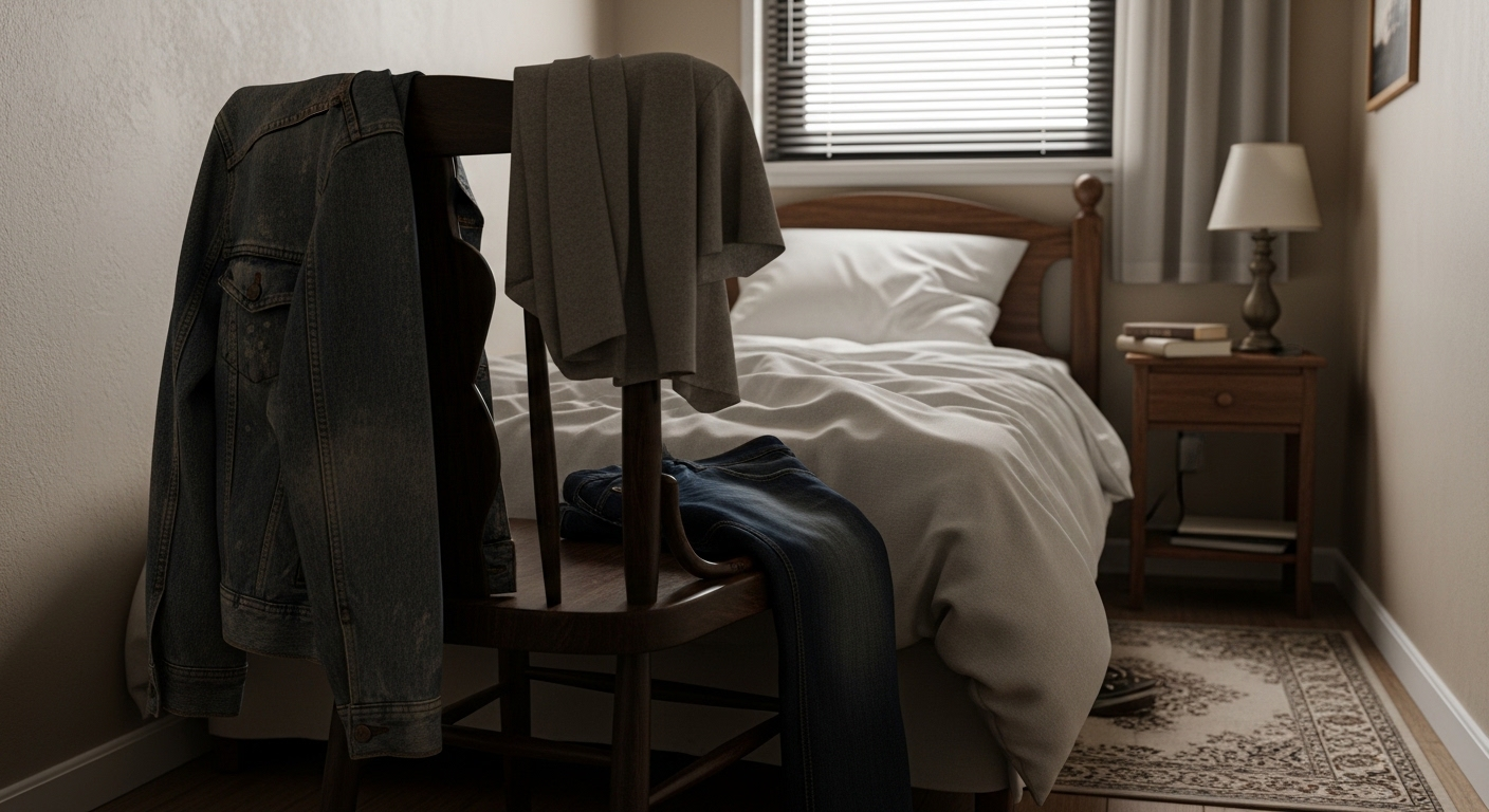 Phòng ngủ nhỏ với ghế gỗ truyền thống phủ quần áo. Món đồ nội thất lỗi thời này góp phần tạo cảm giác chật chội, lộn xộn cho căn phòng.