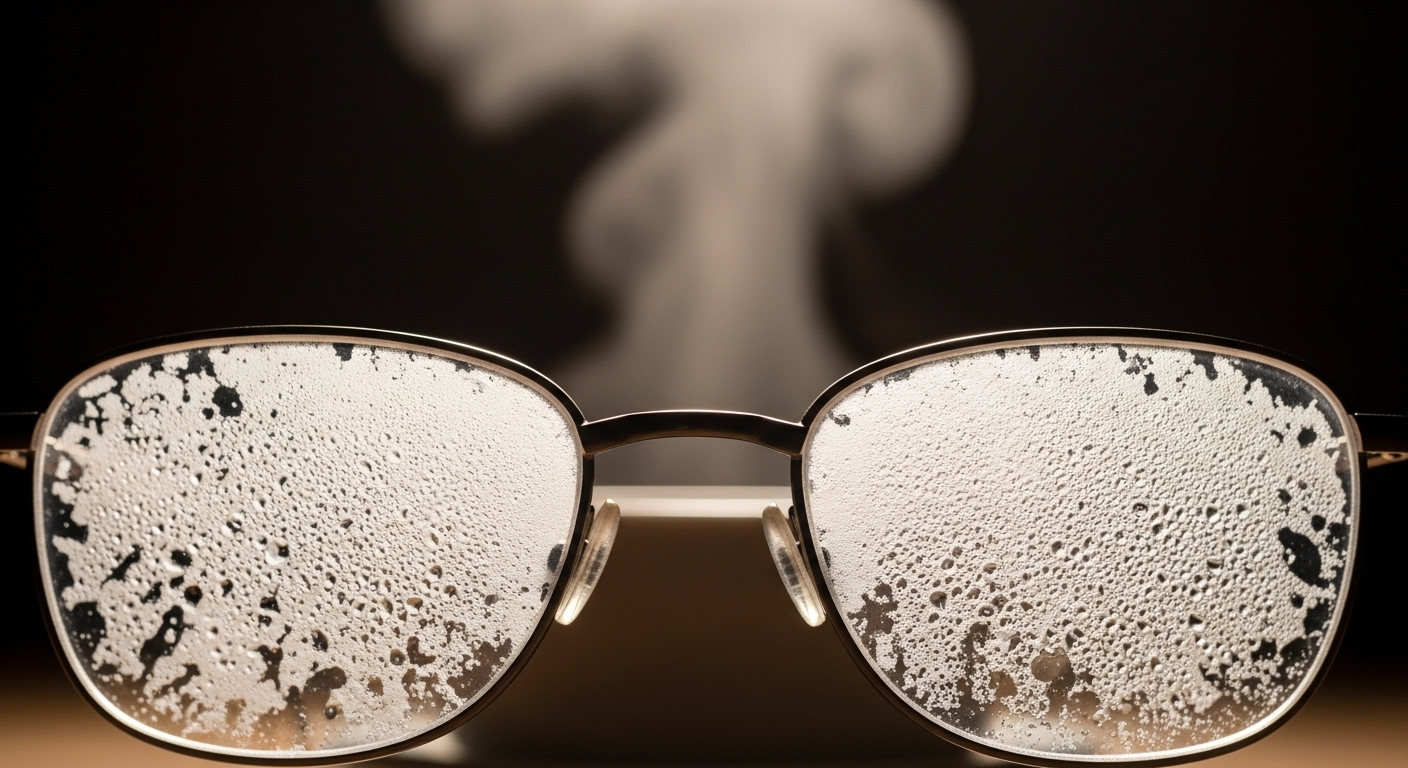 Cận cảnh kính mắt bị phủ hơi nước trắng đục dày đặc, che khuất tầm nhìn trong môi trường ẩm. Hình ảnh gợi nhắc việc cần biết các mẹo xử lý kính trầy xước và giữ kính luôn trong rõ.