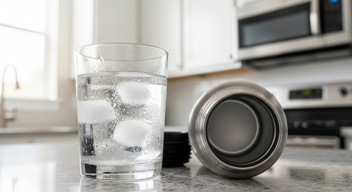 Ly nước đá mát lạnh có hơi nước đọng, bên cạnh bình giữ nhiệt rỗng trên bàn bếp. Minh họa rằng nước không nên đựng trong bình giữ nhiệt.