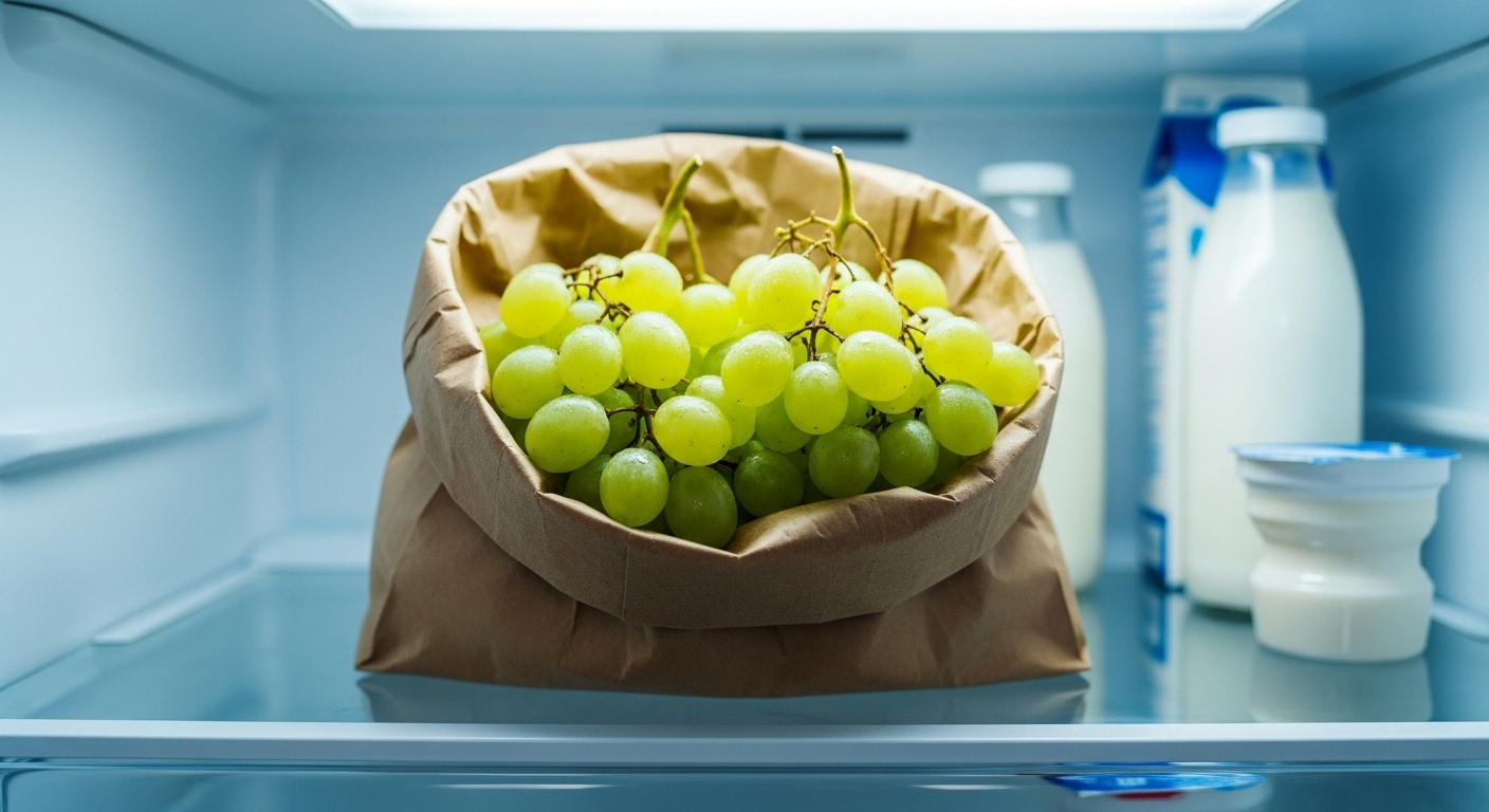 Túi giấy đựng nho xanh tươi mát, còn nguyên cuống trên kệ tủ lạnh, lý tưởng để thưởng thức hoặc bóc vỏ nho bằng tăm.