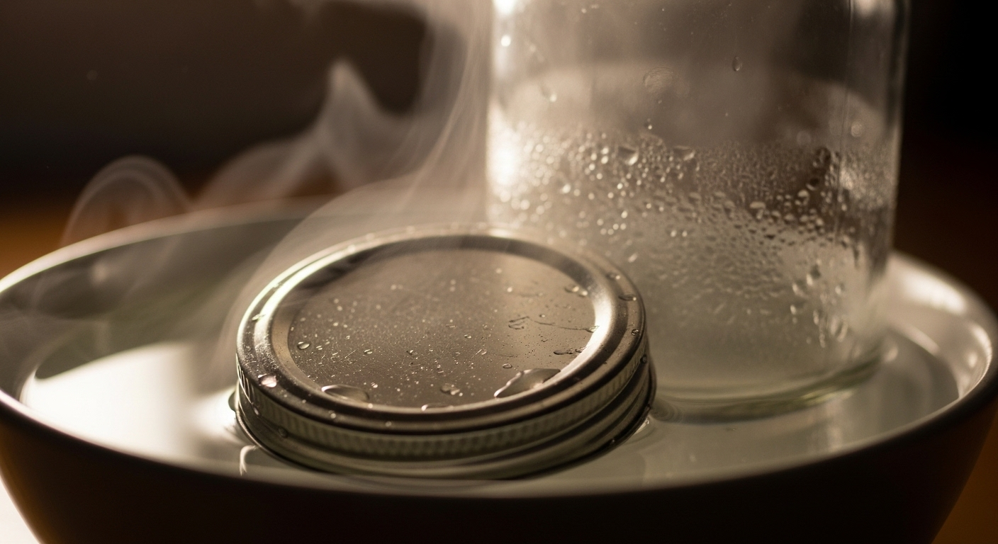Cận cảnh nắp lọ thủy tinh kim loại ngâm trong bát nước ấm có hơi nước, minh họa mẹo mở lọ dễ dàng.
