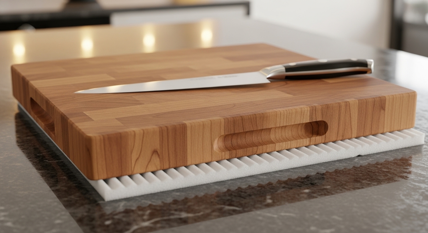 Thớt gỗ dày và dao đầu bếp sạch sẽ trên mặt bàn bếp, đặt trên lưới bọc hoa quả màu trắng để chống trượt hiệu quả. Đây là một công dụng của lưới bọc hoa quả giúp tăng cường an toàn khi sơ chế thực phẩm.