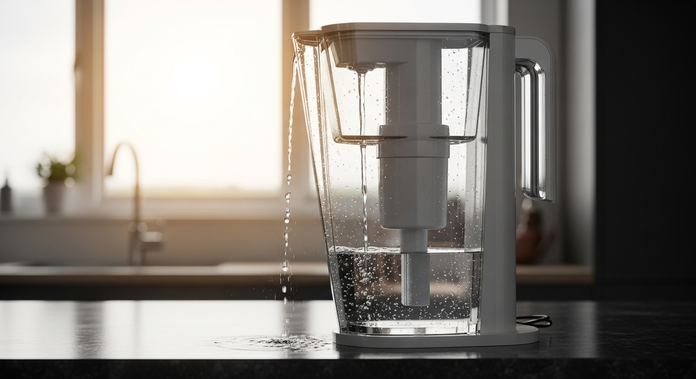 Bình lọc nước hiện đại trên bàn bếp đang lọc nước máy, mang lại nguồn nước tinh khiết. Giải pháp tiện lợi cho câu hỏi 'Uống nước đun sôi hay đóng chai tốt hơn'.