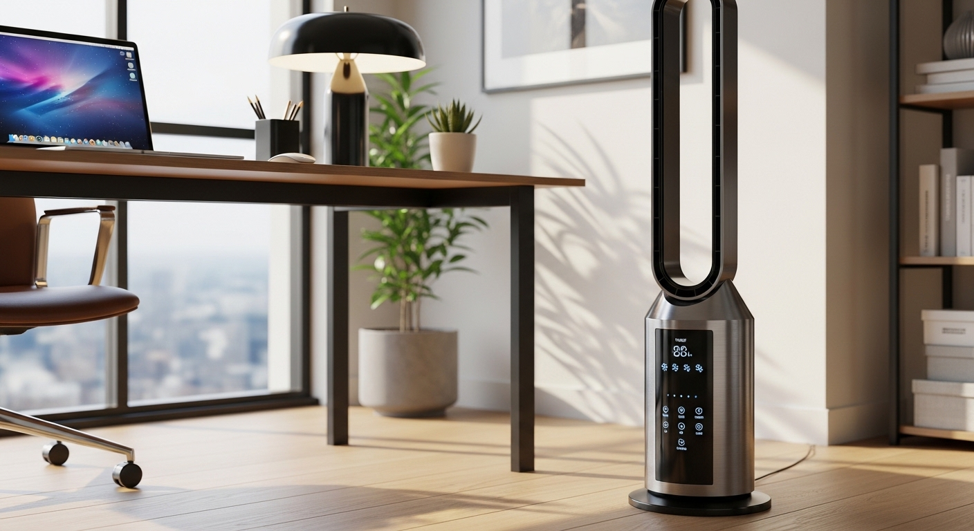 Quạt cây hiện đại, thiết kế kim loại bóng bẩy với bảng điều khiển kỹ thuật số trong văn phòng, gợi ý khi bạn tìm hiểu nên mua quạt bao nhiêu cánh để tối ưu làm mát.