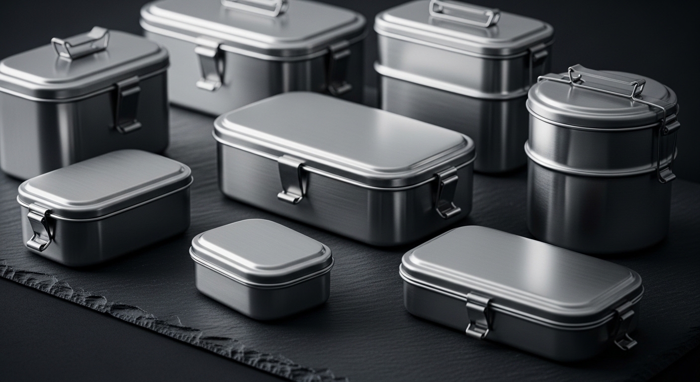 Bộ hộp đựng thực phẩm inox cao cấp, đa dạng kích cỡ, sáng bóng trên nền đá tối. Cung cấp giải pháp bảo quản bền bỉ, an toàn, tương tự đồ nhựa an toàn thực phẩm.