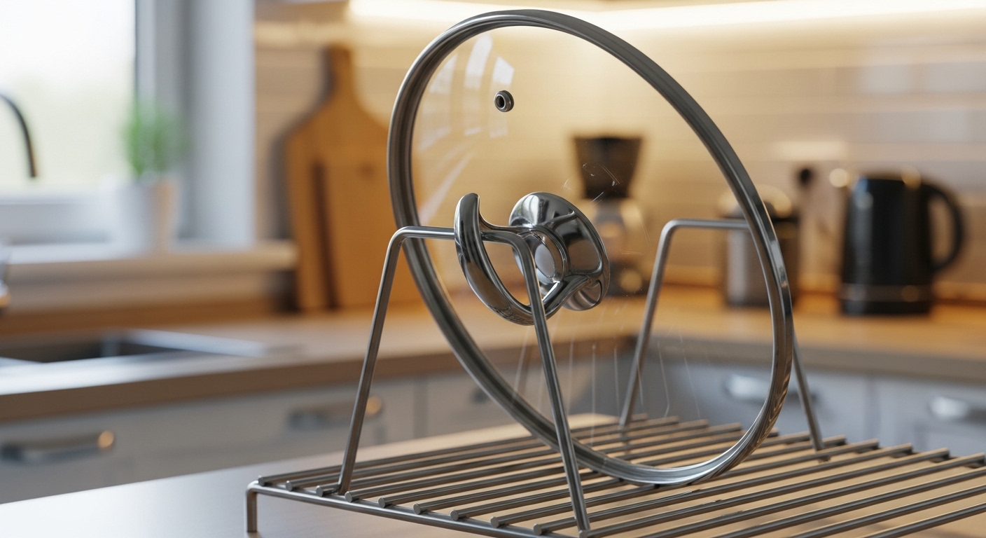 Vung nồi thủy tinh sạch bóng, trong suốt, đang phơi khô trên giá trong bếp sáng. Minh họa kết quả sau khi làm sạch vung nồi.