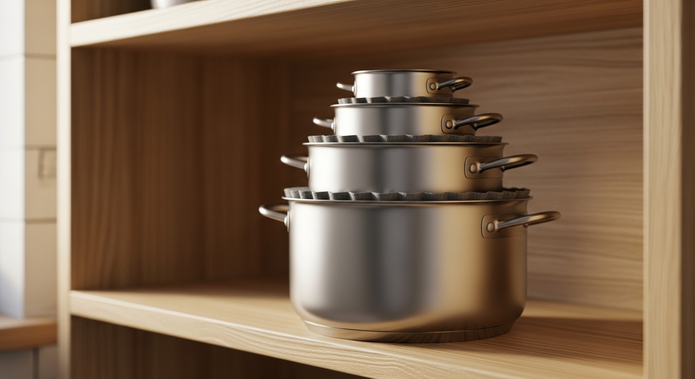 Ba nồi inox sáng bóng, xếp gọn gàng có lót bảo vệ trên kệ bếp gỗ, tránh những sai lầm làm hỏng nồi inox.