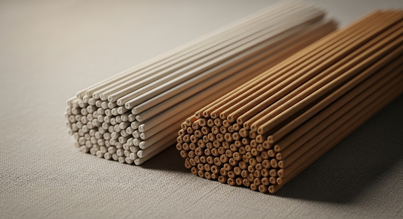 một loại lõi trắng bóng và loại còn lại lõi tre nâu mộc tự nhiên, thể hiện các kiểu lõi nhang cuốn tàn.