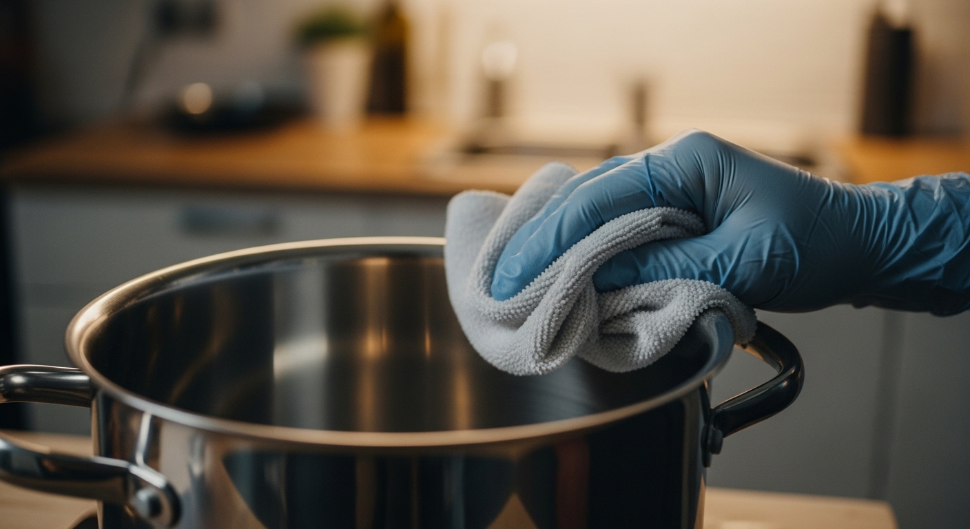Bàn tay lau khô nồi inox sáng bóng không tì vết bằng khăn mềm, thể hiện thành quả của cách làm sạch nồi inox hiệu quả.