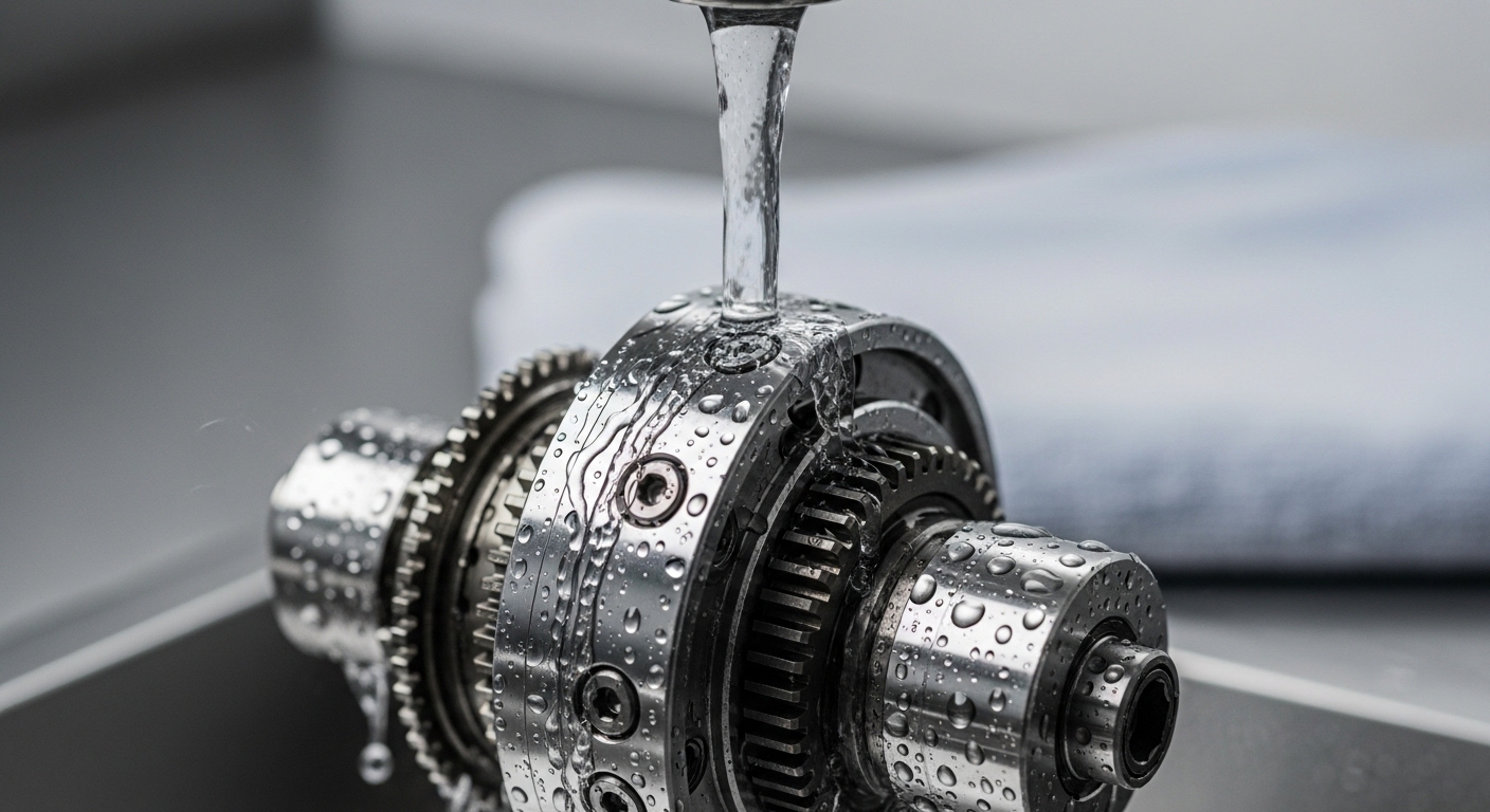 Cận cảnh đầu cắt máy cạo râu tháo rời với lớp kem đánh răng mỏng trên lưỡi dao quay, minh họa mẹo làm sắc máy cạo râu hiệu quả tại nhà.