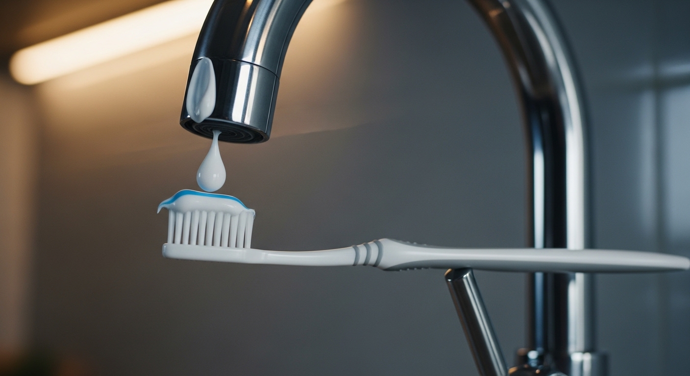 Vòi nước bếp kim loại đang được làm sạch bằng kem đánh răng và bàn chải mềm – một mẹo làm sạch đồ nội thất và vật dụng kim loại hiệu quả, giúp chúng luôn sáng bóng.