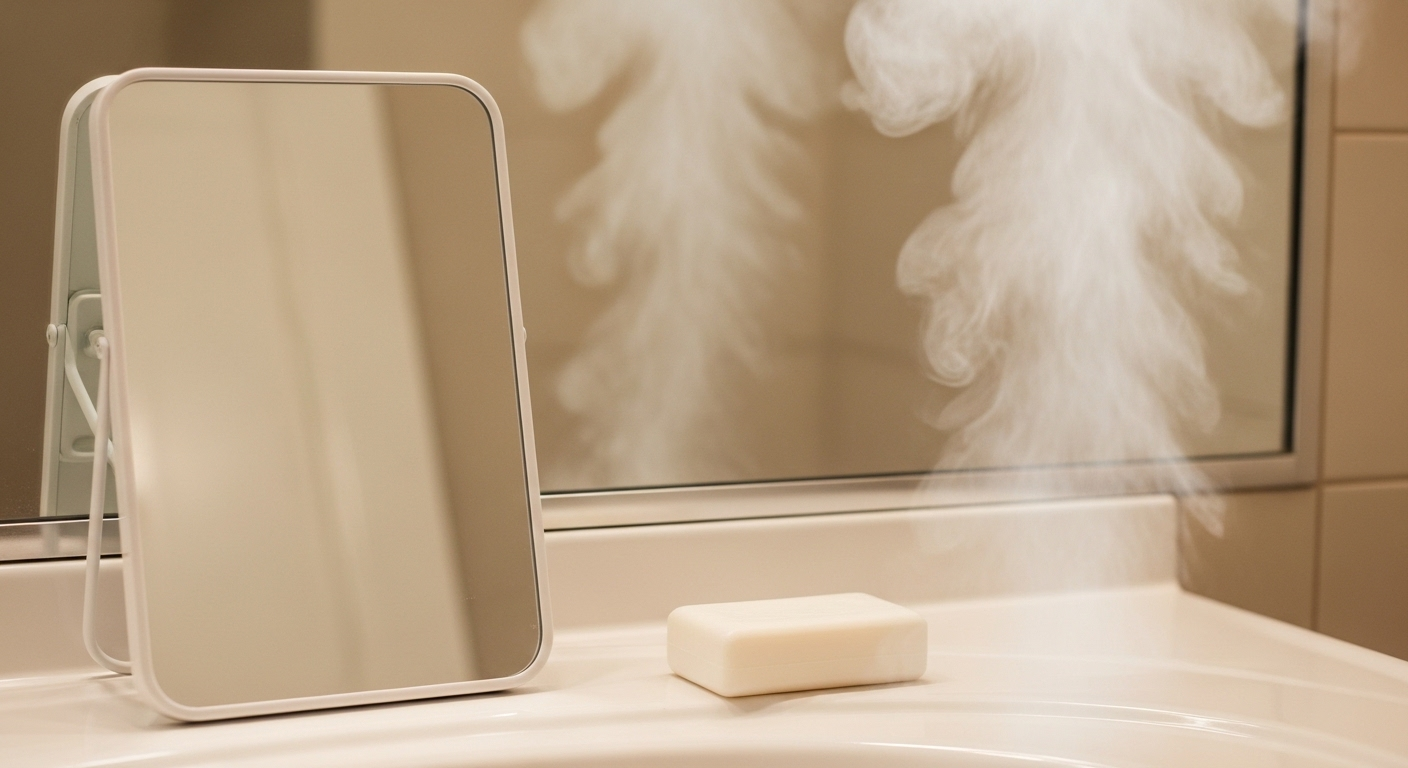 Gương phòng tắm trong vắt không hơi nước cùng thanh xà phòng trắng tinh, gợi cảm giác tươi mới, sạch sẽ và nhấn mạnh công dụng của xà phòng cho vệ sinh hàng ngày.