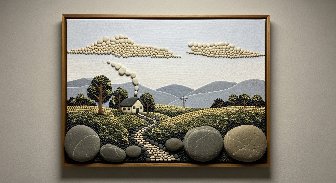 Một ý tưởng sáng tạo với đá cuội là tác phẩm nghệ thuật 3D chi tiết trên vải, mô tả phong cảnh yên bình sử dụng các viên đá cuội tự nhiên đa dạng kích cỡ và màu sắc để tạo chiều sâu và kết cấu. Tranh có khung, gắn trên tường trung tính.