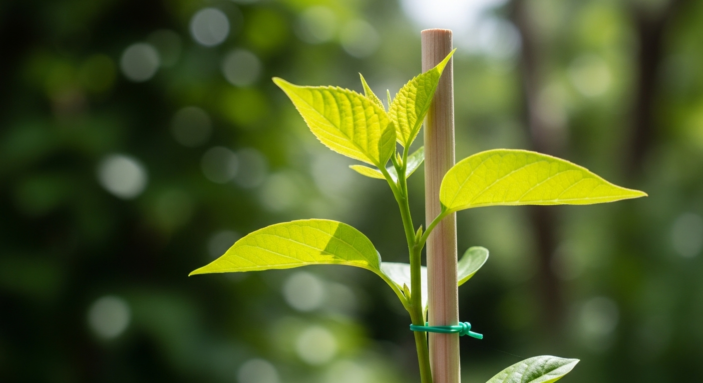 Dây nịt chun xanh đỡ nhẹ nhàng thân cây non lá xanh tươi cạnh cọc gỗ, minh họa mẹo sử dụng dây nịt chun để hỗ trợ cây trồng phát triển trong vườn.