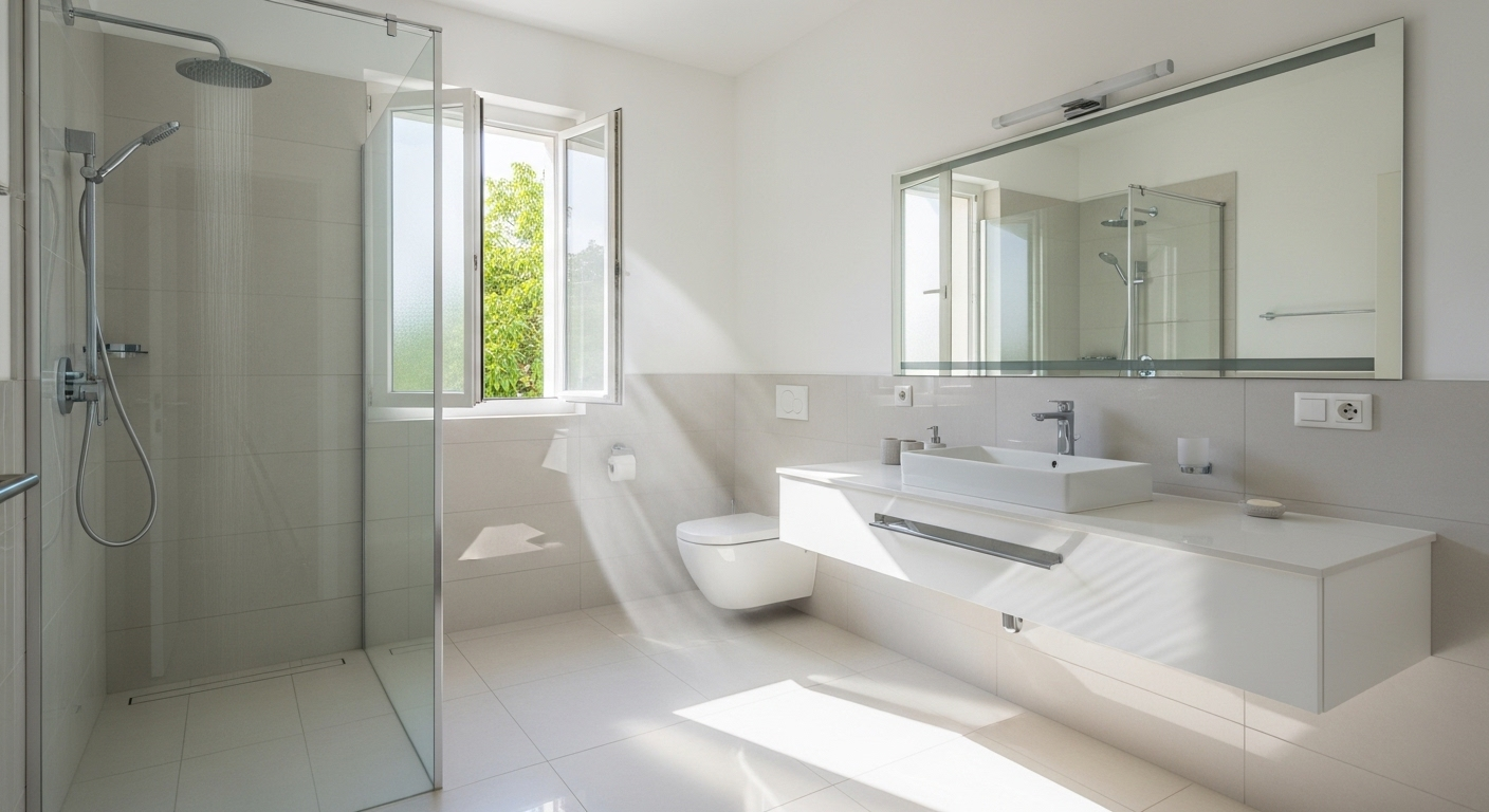 Nhà vệ sinh hiện đại, sạch sẽ với gạch lát tường và sàn màu sáng, bóng loáng dưới ánh nắng tự nhiên. Một không gian tươi mới, là kết quả mong muốn khi áp dụng cách tẩy trắng gạch nhà vệ sinh hiệu quả.