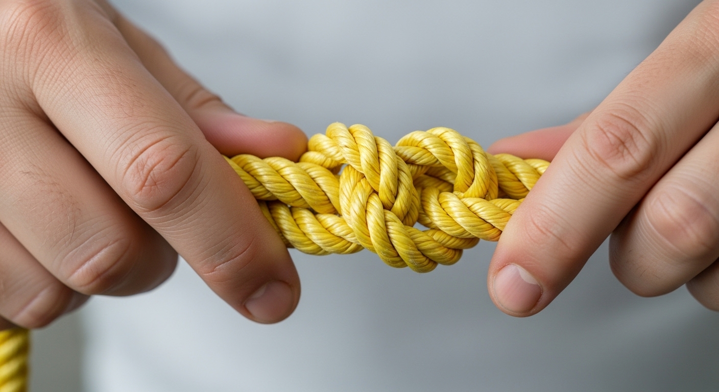 Cận cảnh tay đang cẩn thận thắt nút số Tám bằng dây màu vàng, minh họa cách thắt nút dây chi tiết và chính xác.