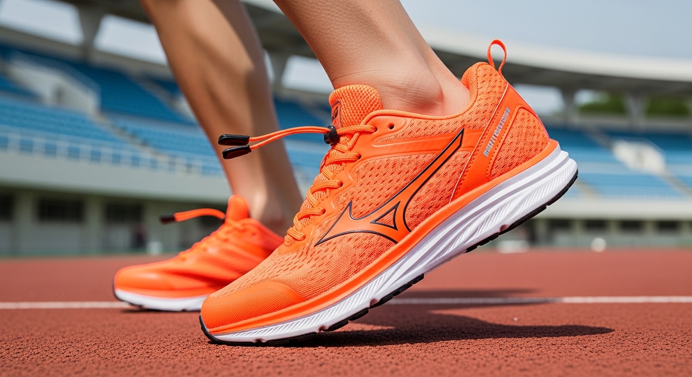 Cận cảnh giày thể thao màu xanh nổi bật với kiểu buộc dây giày thể thao hình mạng nhện đen tinh xảo và nghệ thuật.