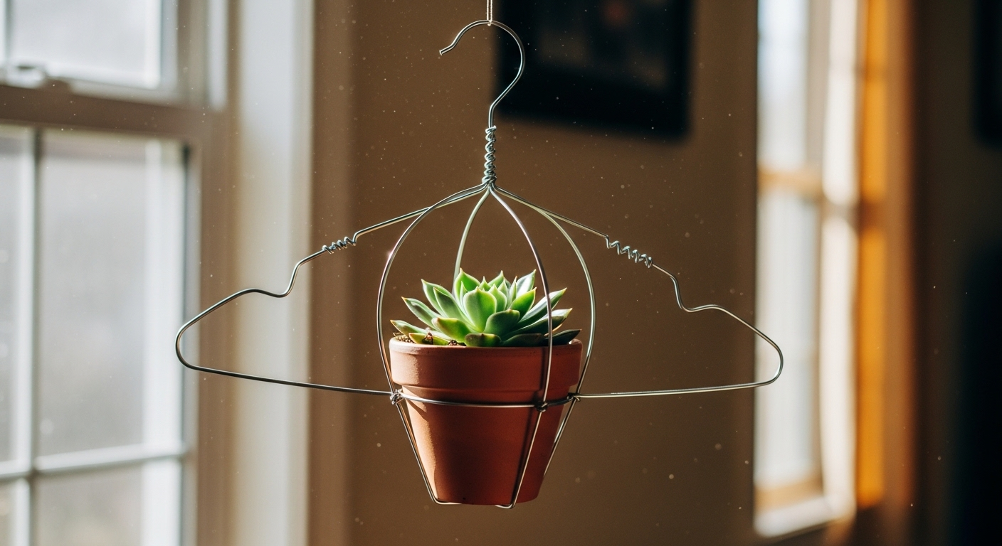 móc áo kim loại được uốn khéo léo thành giá đỡ, nâng niu chậu xương rồng xanh tươi treo cạnh cửa sổ tràn nắng.