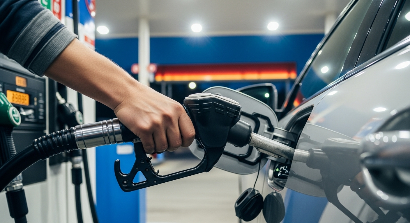 Tay người đang đổ đầy bình xăng ô tô tại trạm, đồng hồ báo đầy. Một hành động đúng đắn giúp tránh những điều cần tránh khi mượn xe ô tô về trách nhiệm nhiên liệu.