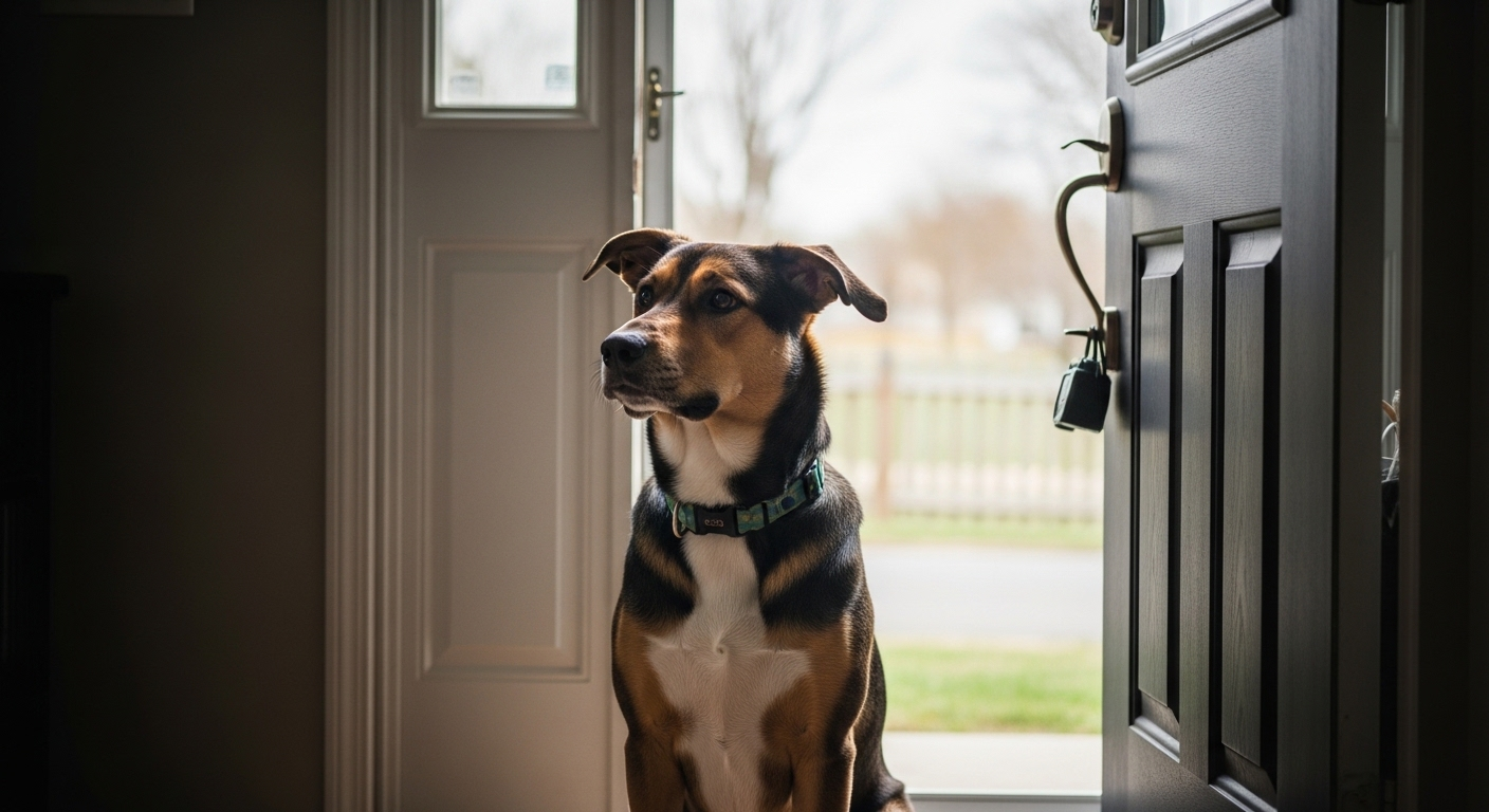 Chú chó cảnh giác ngồi cạnh cửa, hình ảnh gợi nhắc về các mẹo an toàn trong đời sống để giữ gìn ngôi nhà. Chú chó cảnh giác ngồi cạnh cửa, hình ảnh gợi nhắc về các mẹo an toàn trong đời sống để giữ gìn ngôi nhà.