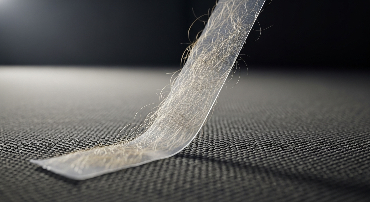 Cận cảnh băng dính trong suốt dính đầy lông thú cưng trên ghế sofa tối màu, minh họa công dụng của băng dính trong việc làm sạch lông.