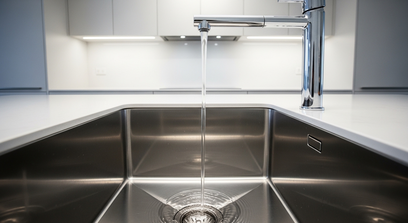 Bồn rửa mặt gốm sứ trắng tinh khôi, vòi mạ chrome sáng bóng, sạch sẽ hoàn hảo. Minh họa kết quả từ Cách làm sạch bồn rửa bát và rửa mặt hiệu quả.